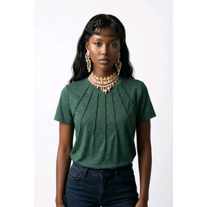 Women T-Shirt Pleated Front Tri-Blend Casual Heather Green Large